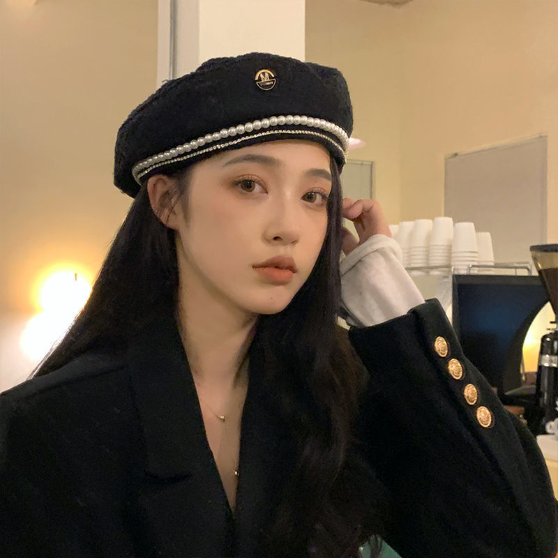Beret French Wool - Zimowy Beret W102, łańcuszek, perła, kapelusz