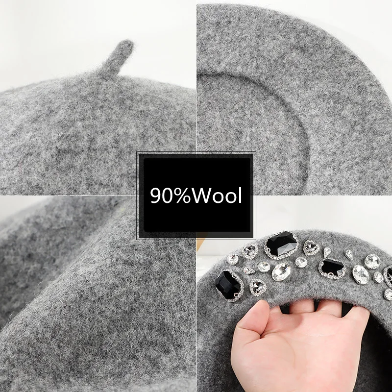 Beret French Wool - Beret francuski, gruby, zdobiony cyrkoniami, bez