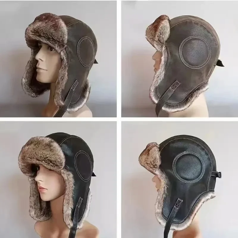 Trapper Hat Ear Flap - Skórzana czapka zimowa z nausznikami, wiatroodporna,